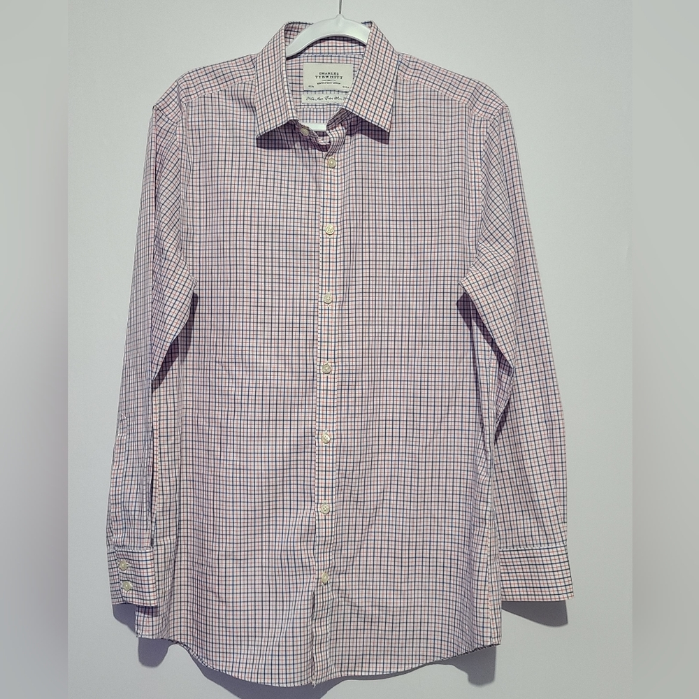 Charles Tyrwhitt button-down non-iron stretch gingham dress shirt, neck 16